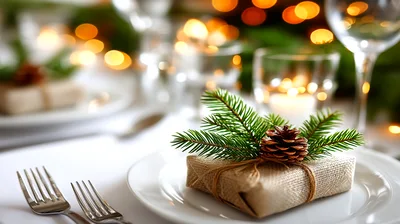 Christmas Table Setting With Wrapped Gift And Pine