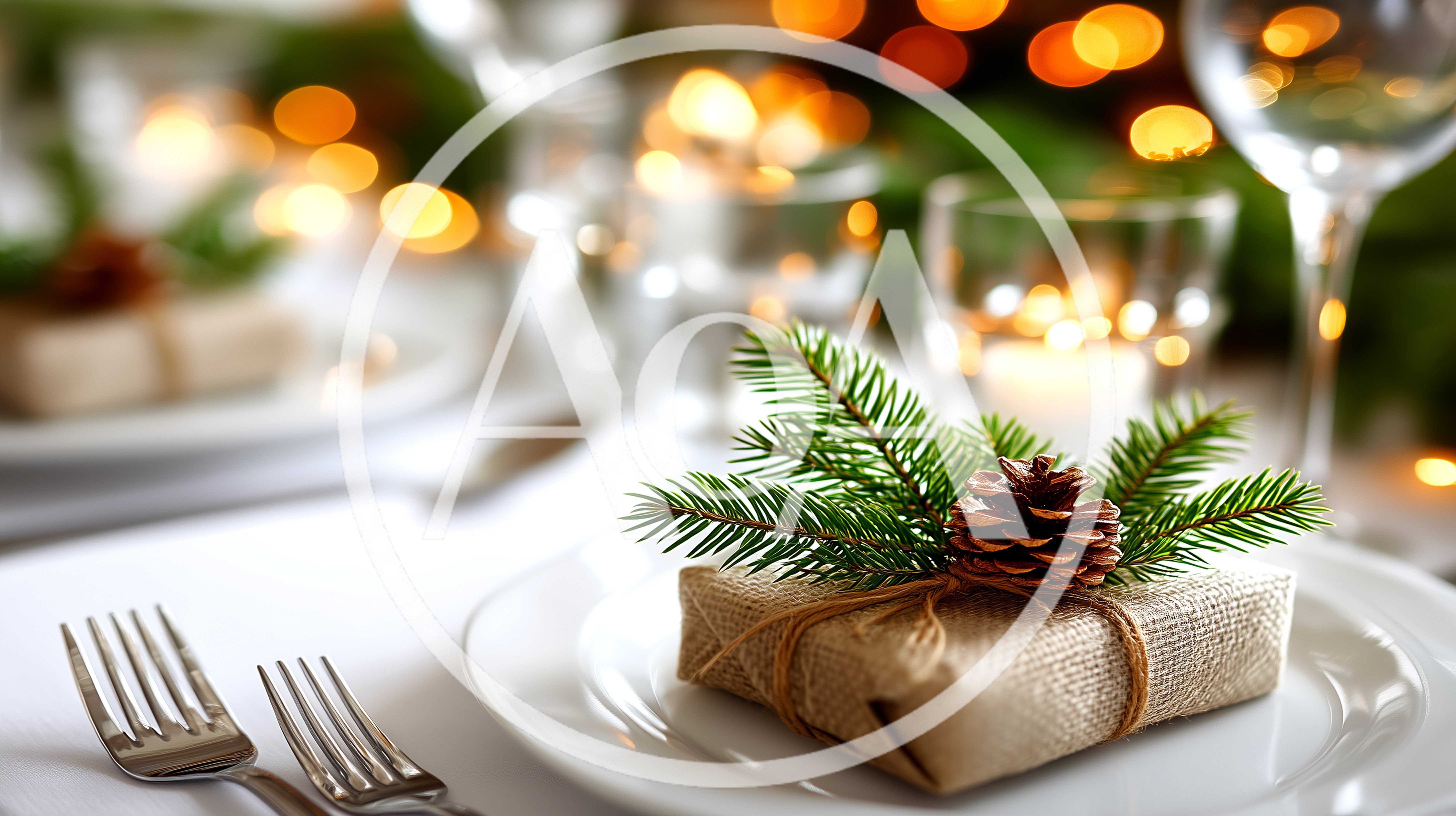 Christmas Table Setting With Wrapped Gift And Pine