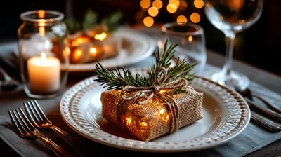 Festive Christmas Table Setting With Illuminated Gift