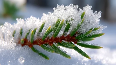 Snow Covered Pine Branch In Winter Forest