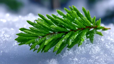 Evergreen Pine Branch Resting On Fresh White Snow