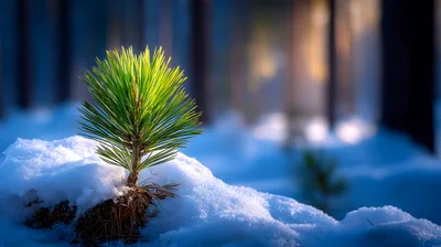 Small Pine Sapling Growing Through Winter Snow