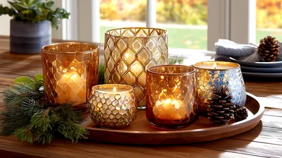 Festive Candle Centerpiece On A Wooden Tray