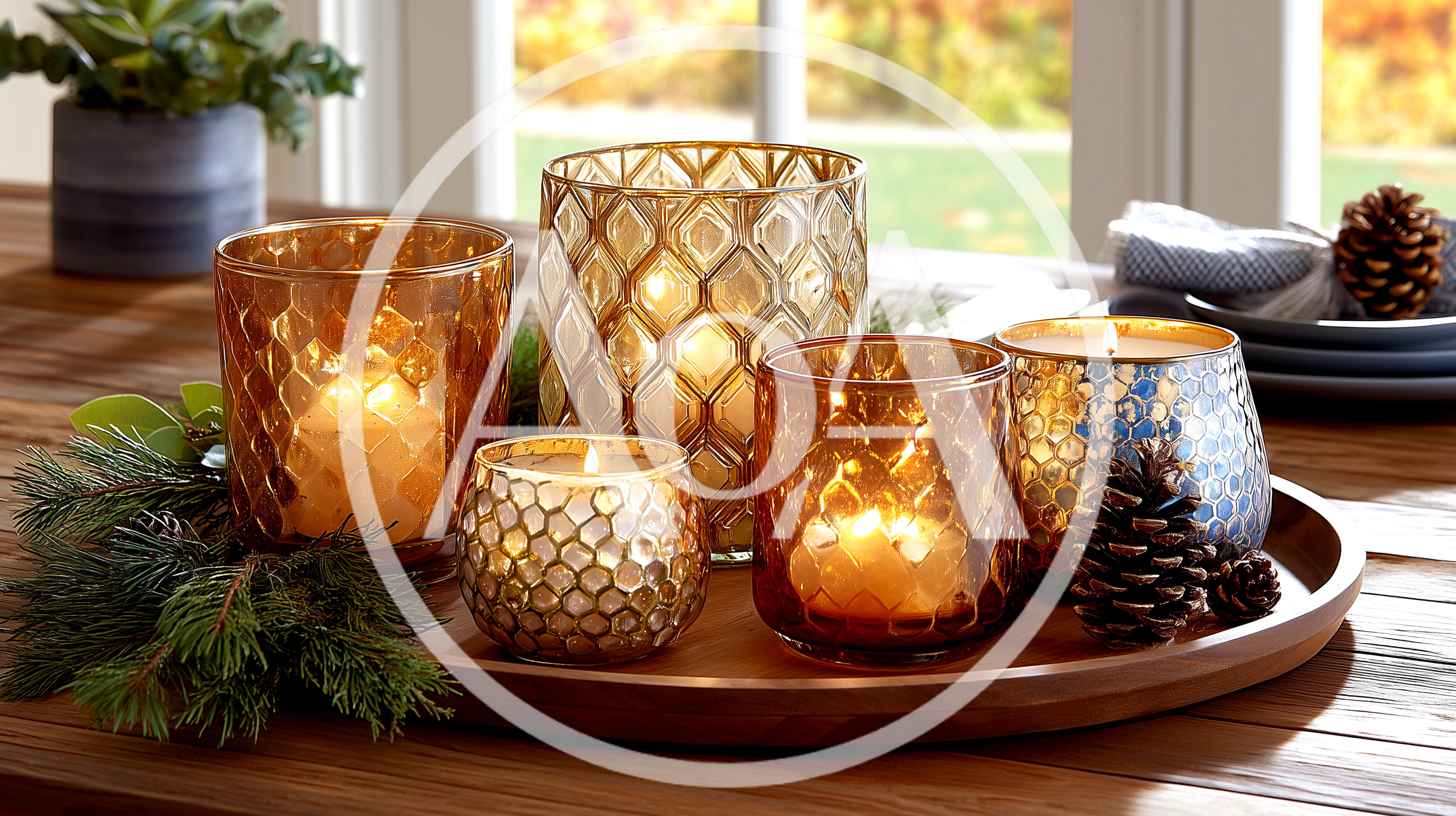 Festive Candle Centerpiece On A Wooden Tray