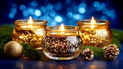 Three Lit Candles In Gold Glitter Votive Holders