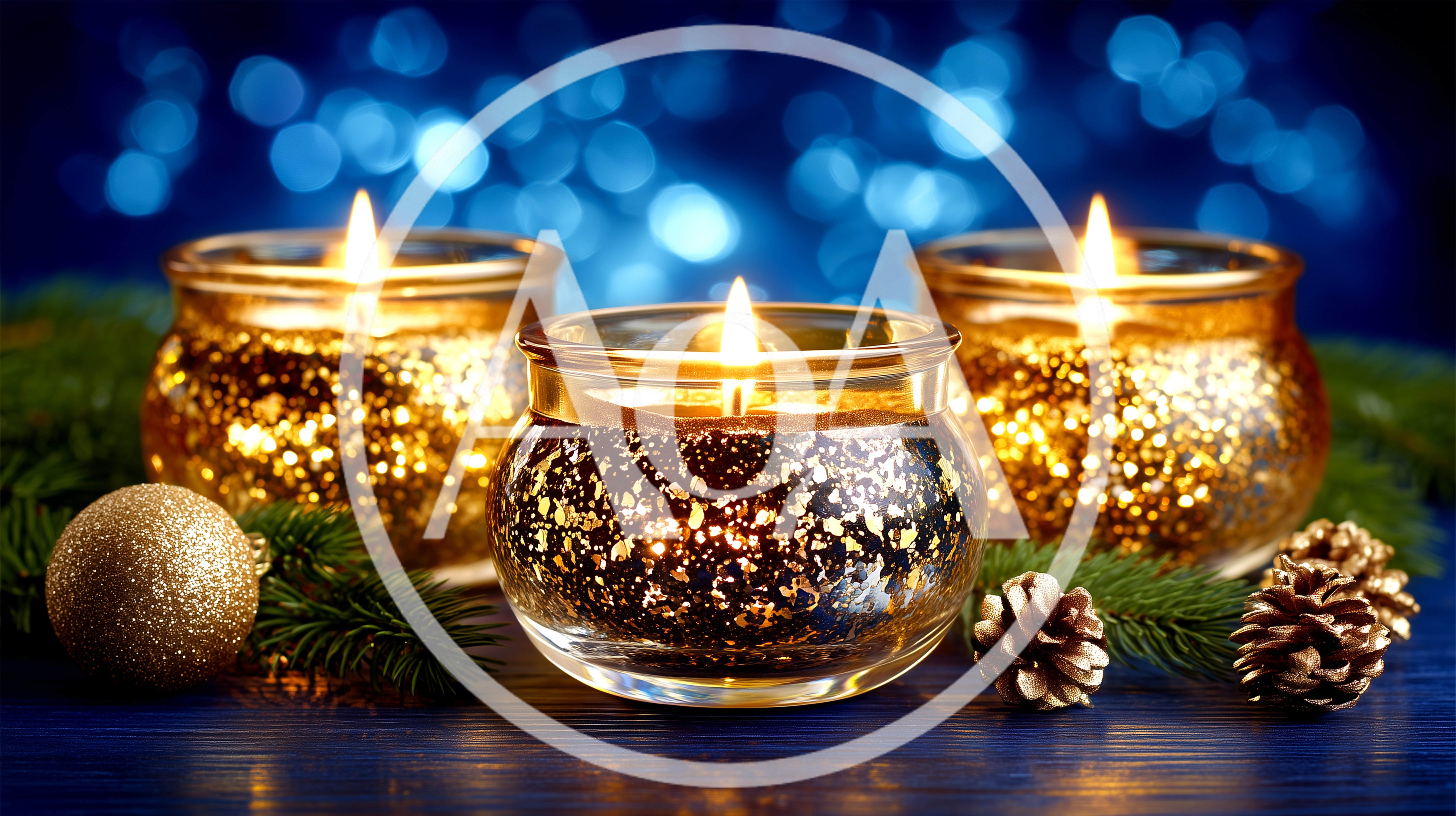 Three Lit Candles In Gold Glitter Votive Holders