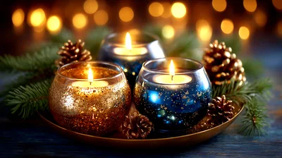Three Lit Christmas Candles In Glass Holders