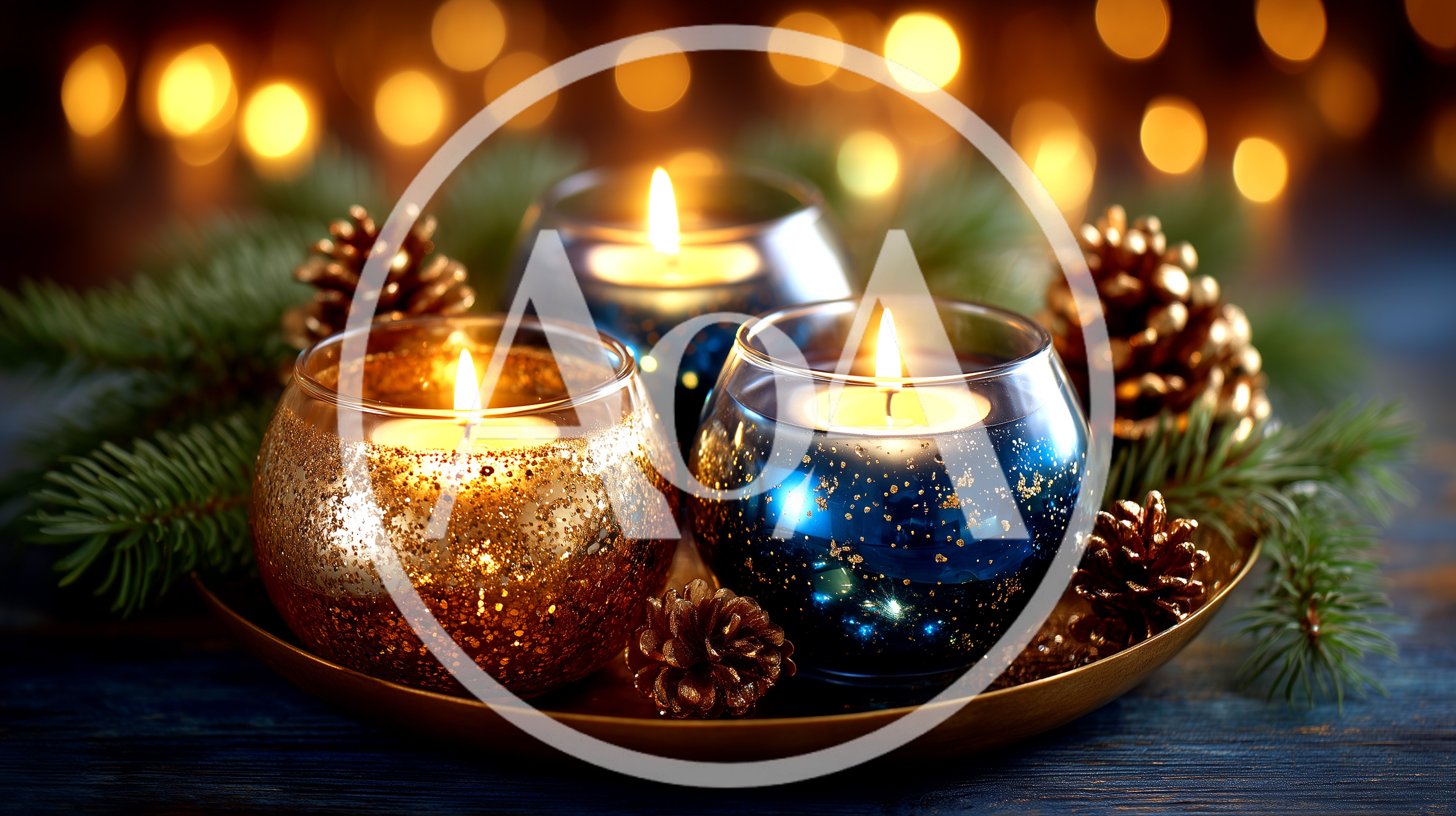 Three Lit Christmas Candles In Glass Holders