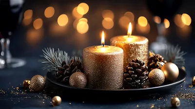 Two Golden Christmas Candles With Pinecones And Ornaments