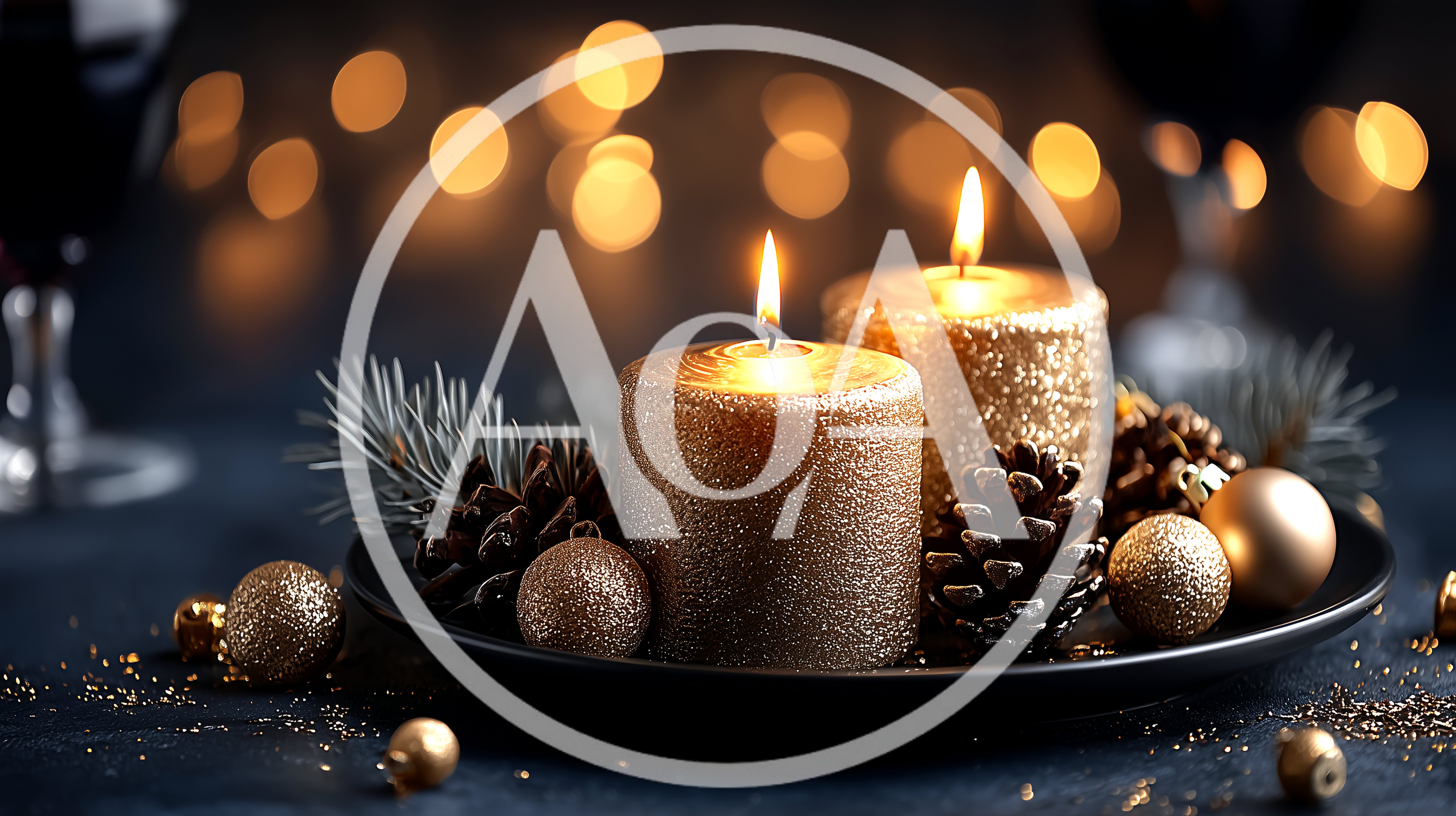 Two Golden Christmas Candles With Pinecones And Ornaments