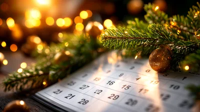 Christmas Calendar With Pine Branches And Golden Ornaments