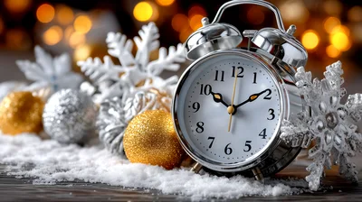 Silver Alarm Clock With Christmas Ornaments And Snow