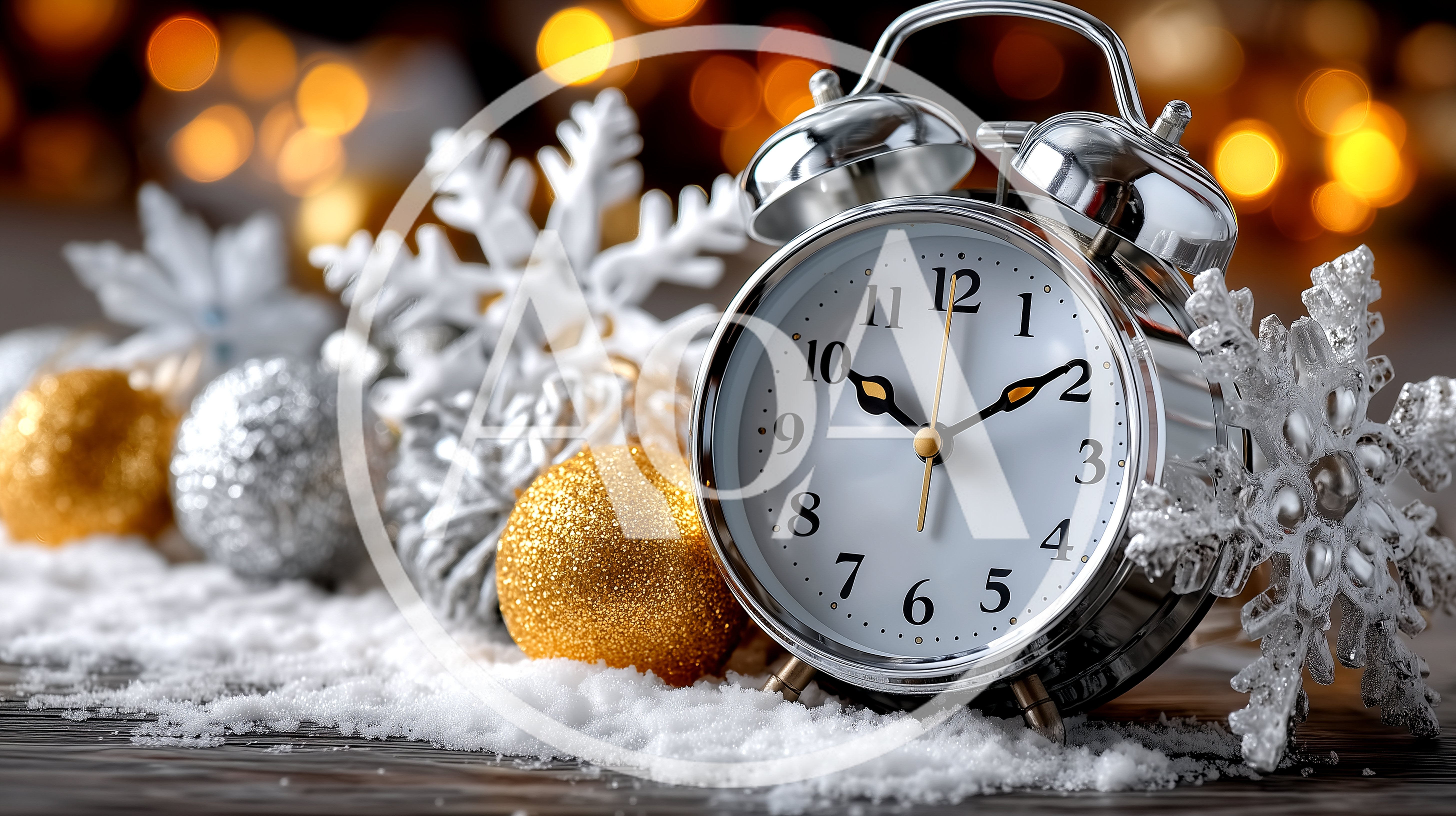 Silver Alarm Clock With Christmas Ornaments And Snow