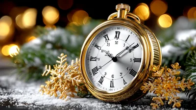 Golden Pocket Watch With Snowflakes On Snowy Surface