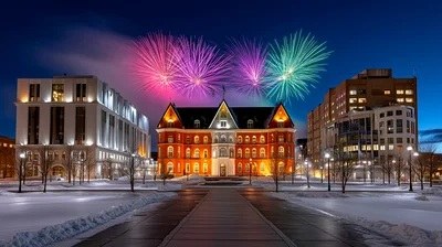 Fireworks Display Over Historic University Building In Winter