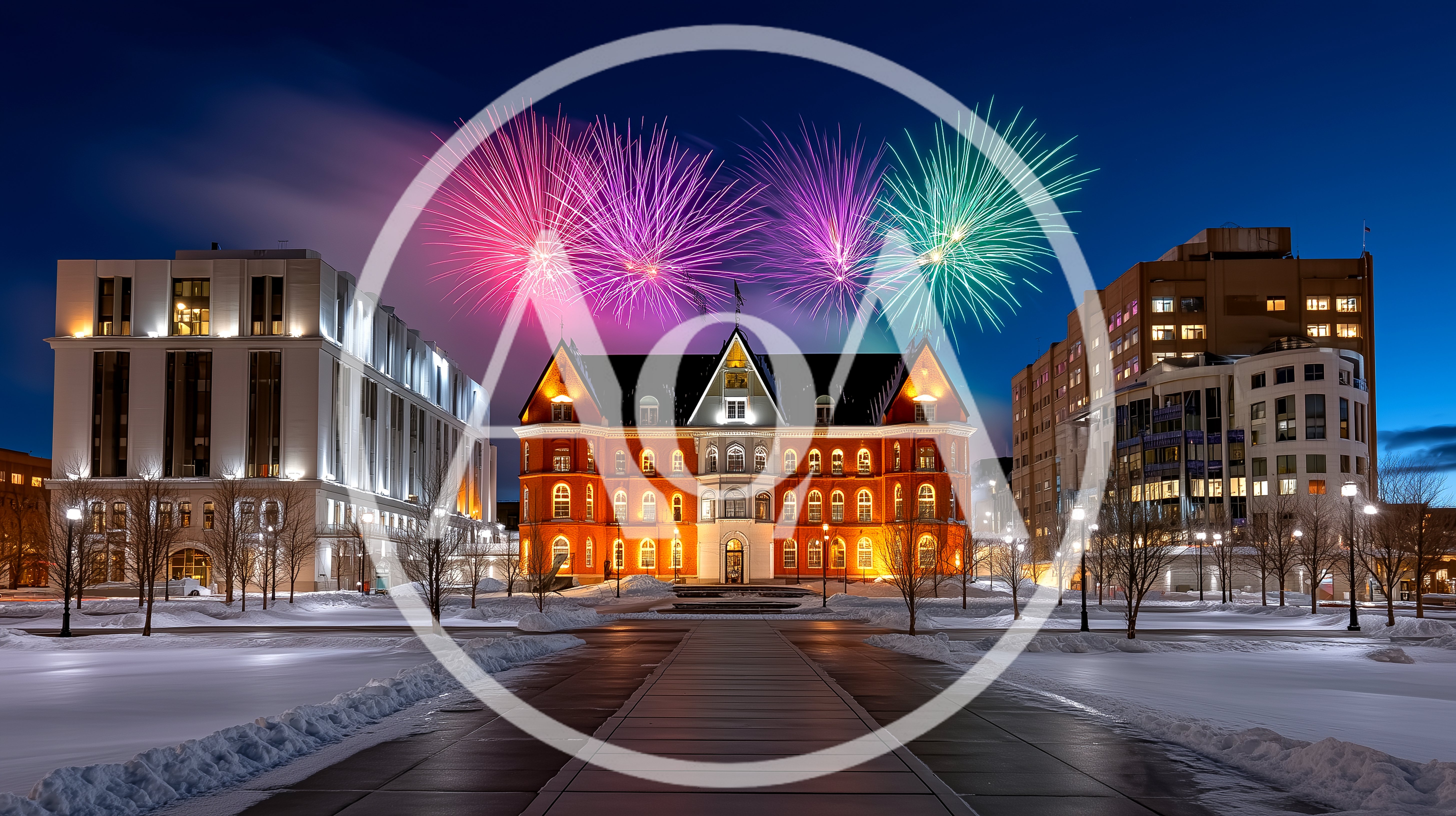 Fireworks Display Over Historic University Building In Winter
