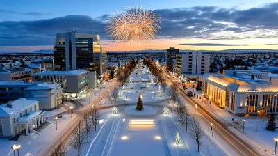 Aerial View Of Snowy City Square With Fireworks