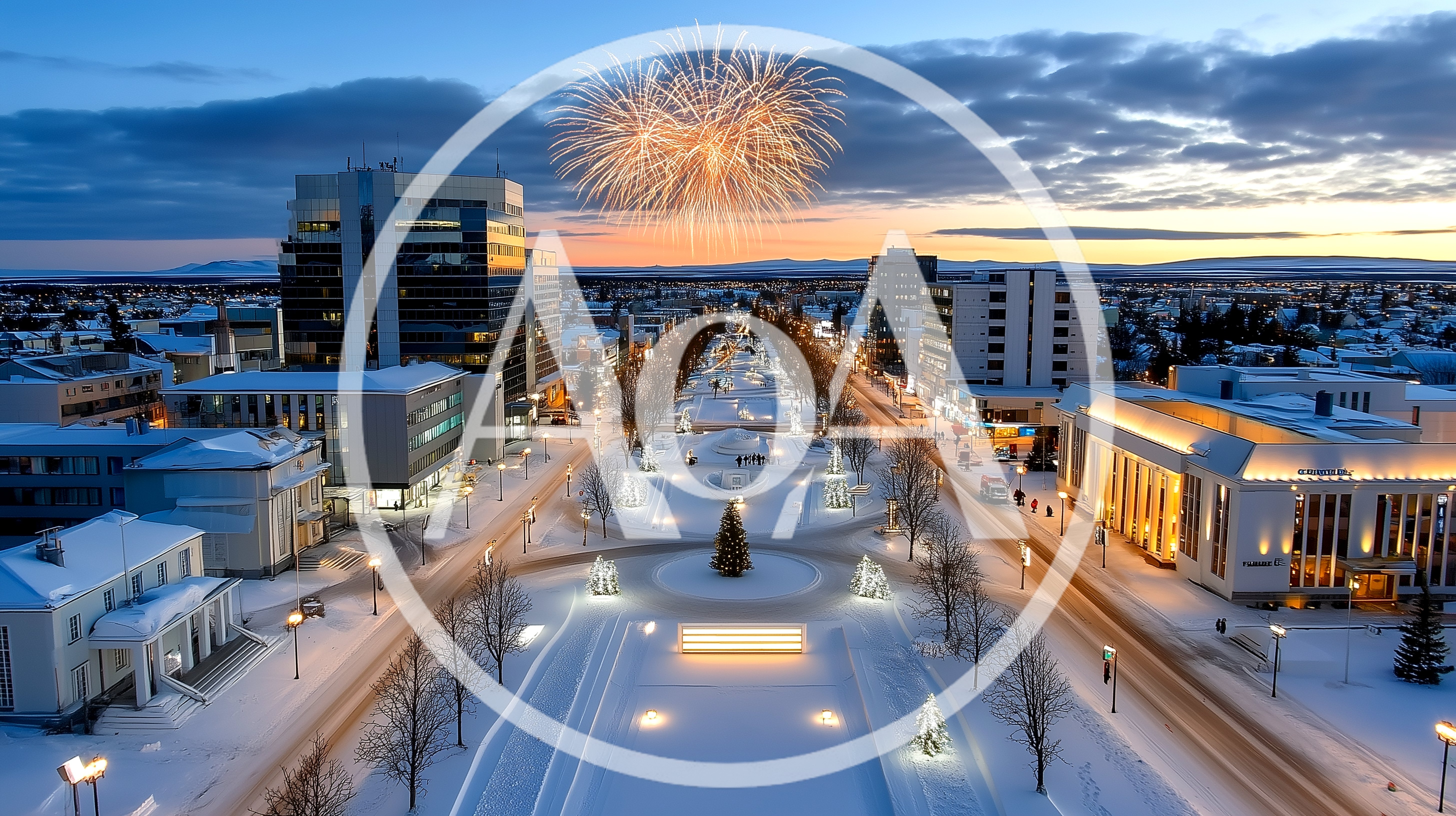 Aerial View Of Snowy City Square With Fireworks