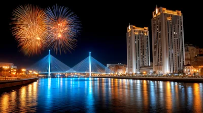 Fireworks Over The Bolshoy Obukhovsky Bridge In Saint Petersburg