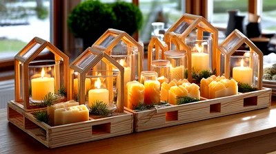 Wooden House Candle Holders With Warm Glowing Candles
