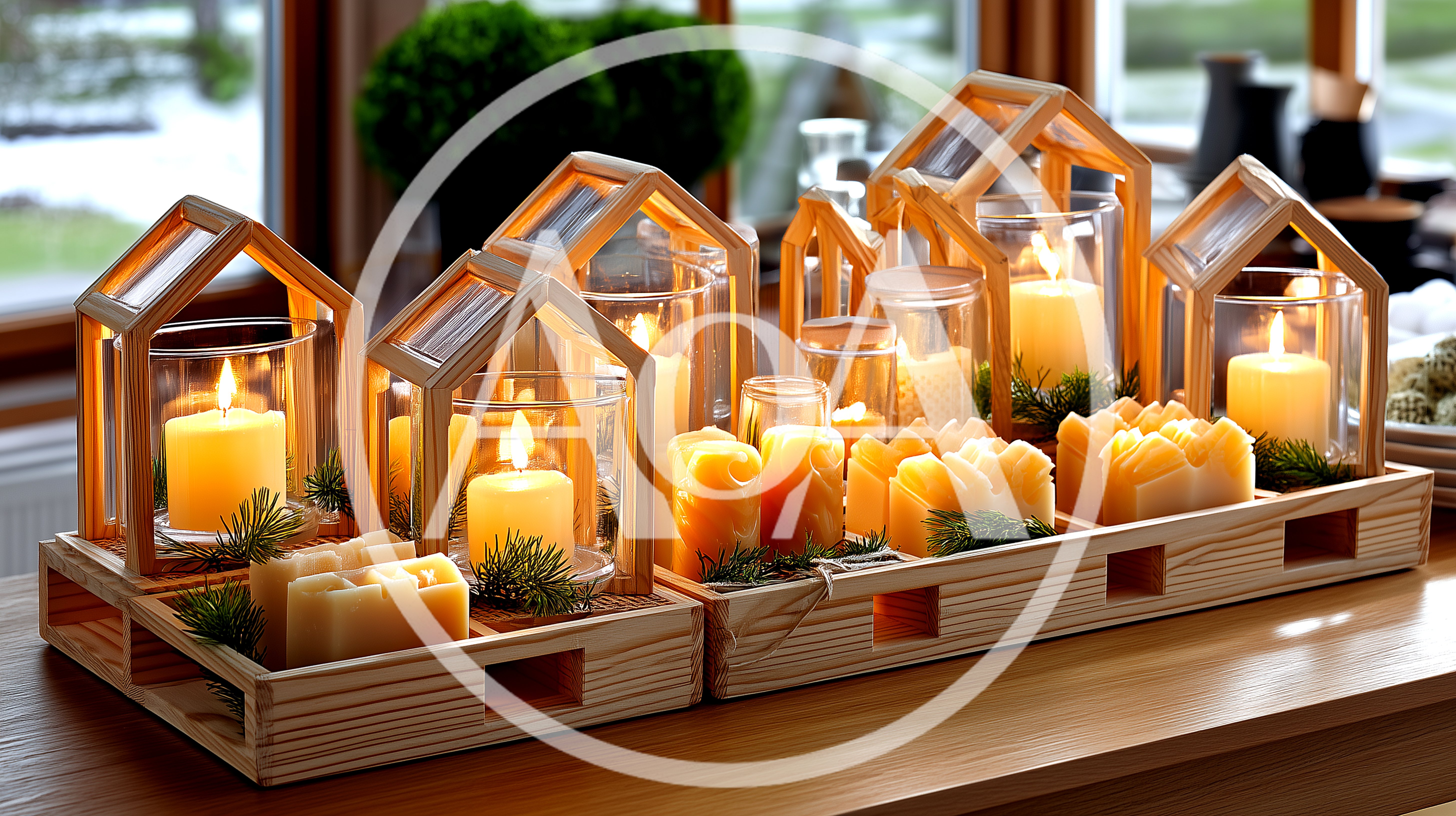 Wooden House Candle Holders With Warm Glowing Candles
