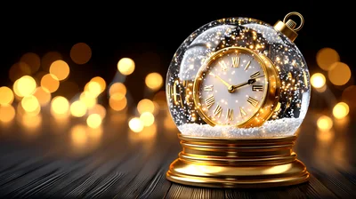 Golden Clock Inside A Festive Snow Globe