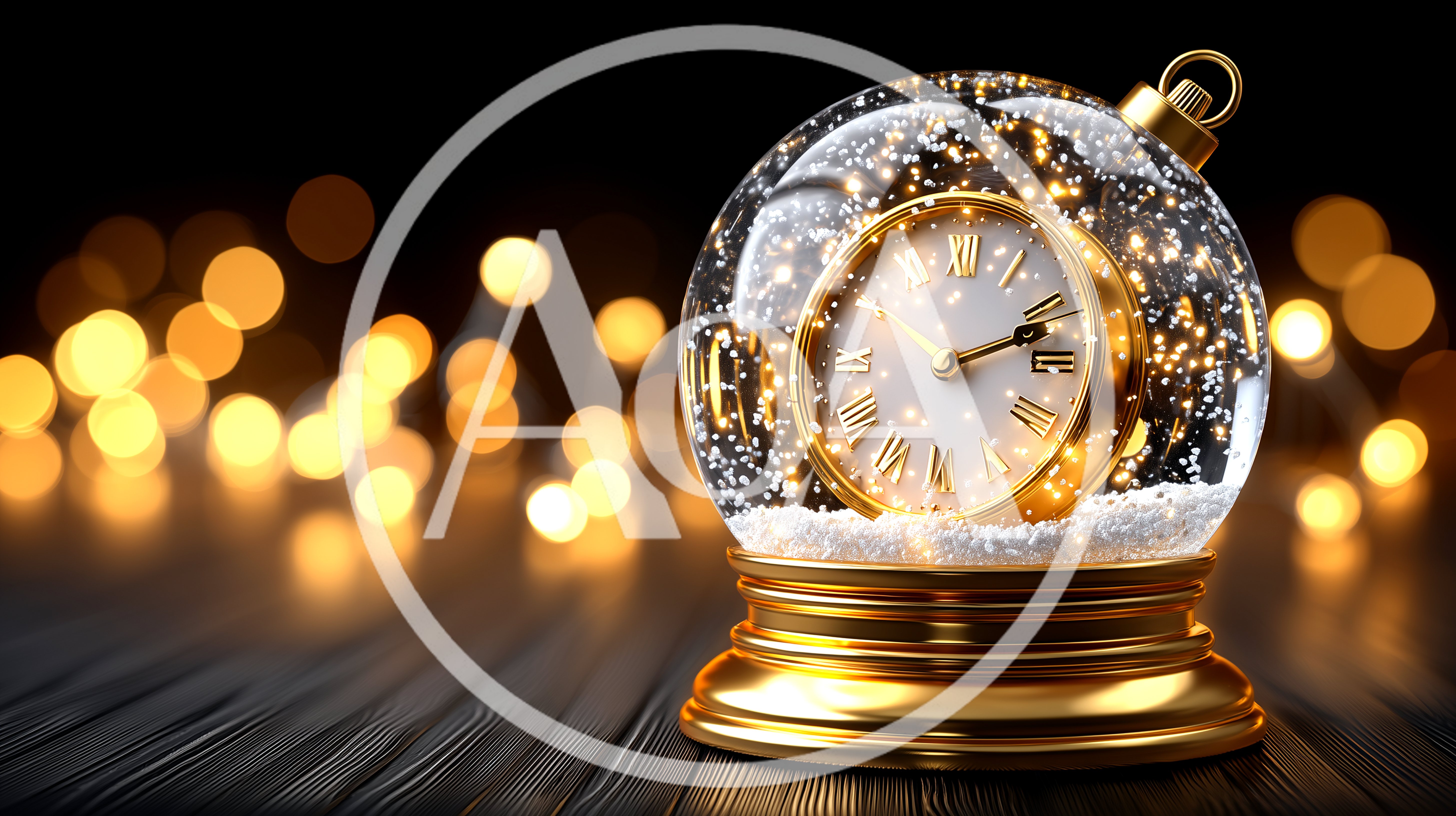 Golden Clock Inside A Festive Snow Globe