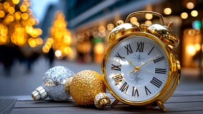 Gold Alarm Clock With Christmas Ornaments On Wooden Surface