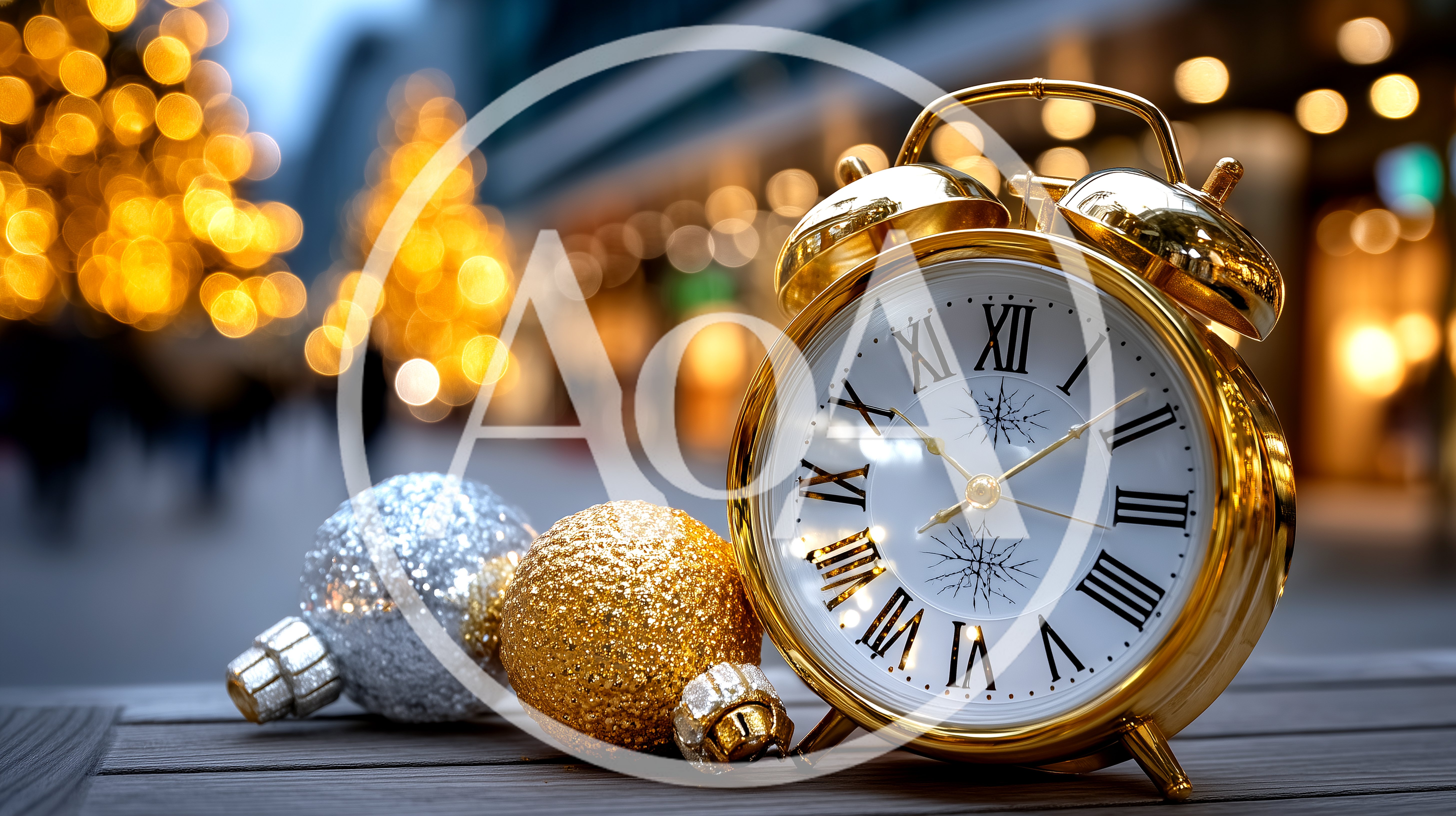 Gold Alarm Clock With Christmas Ornaments On Wooden Surface