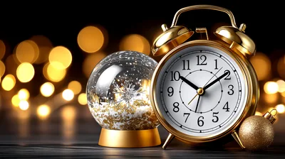Gold Alarm Clock And Snow Globe With Christmas Lights