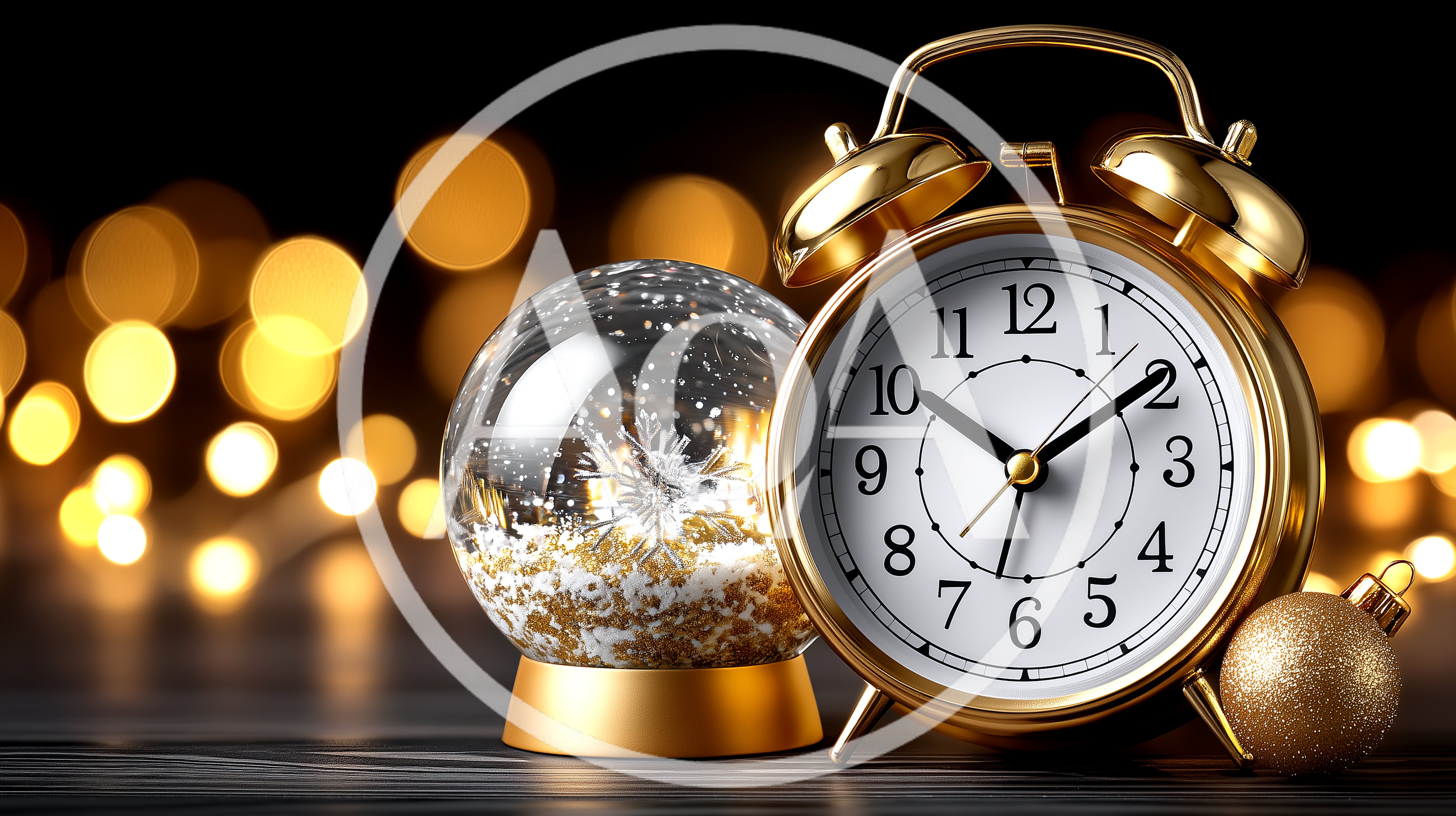 Gold Alarm Clock And Snow Globe With Christmas Lights