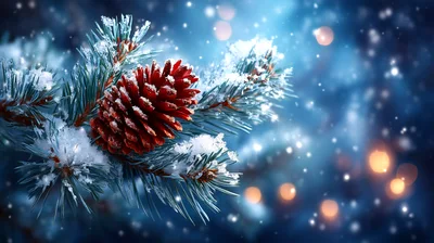 Snow Covered Pine Cone On A Winter Branch