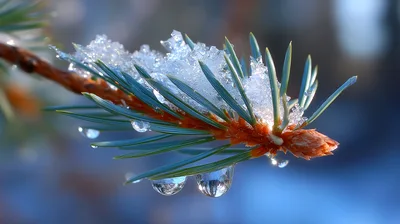 Snow Covered Pine Branch With Melting Water Droplets