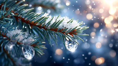 Snow Covered Pine Branch With Sparkling Ice Droplets