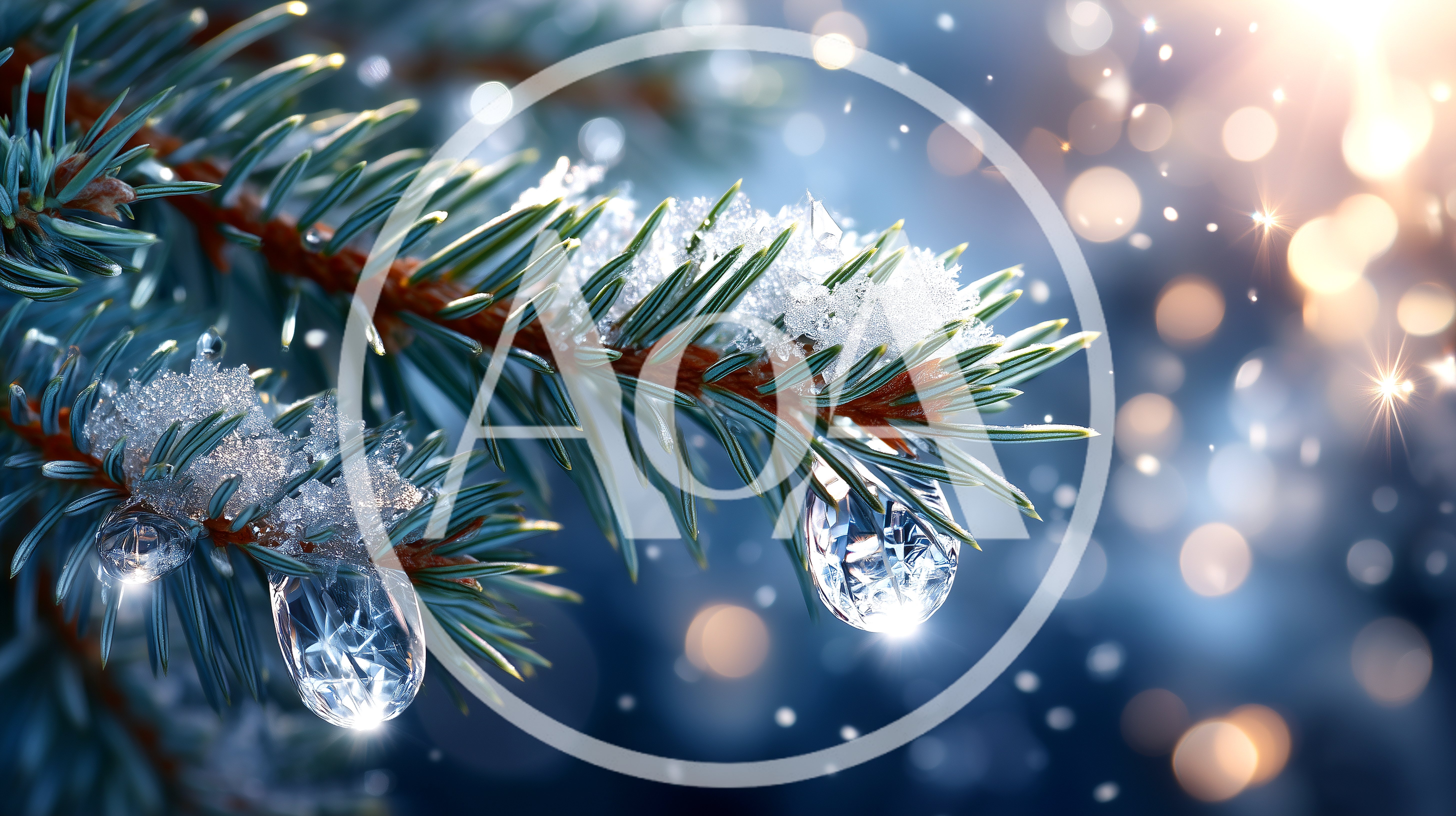 Snow Covered Pine Branch With Sparkling Ice Droplets