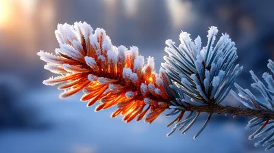 Frost Covered Pine Branch Illuminated By Golden Sunlight