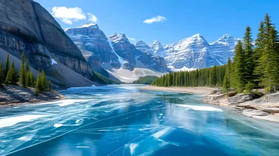 Moraine Lake With Frozen Surface And Snowy Mountains