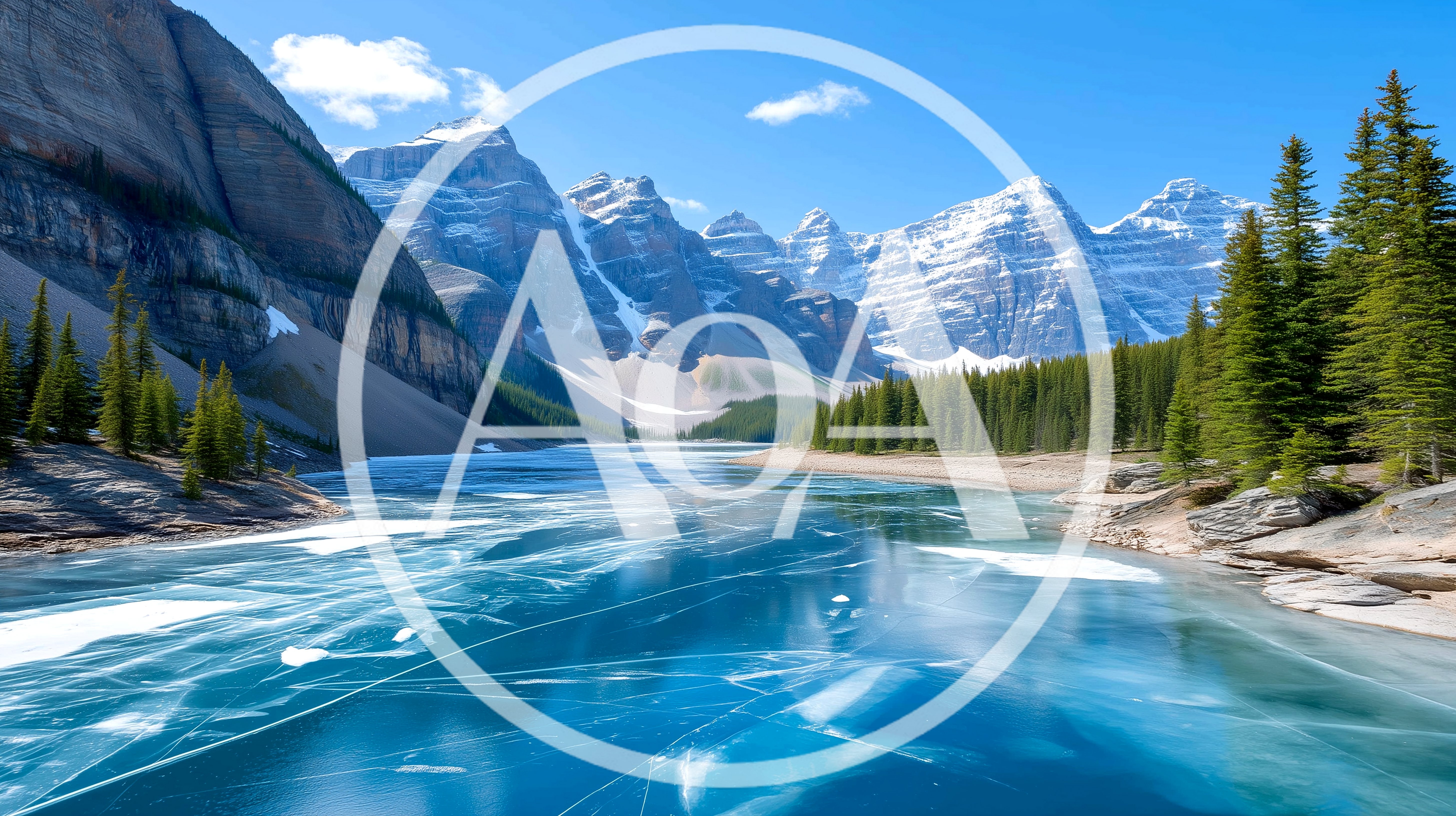 Moraine Lake With Frozen Surface And Snowy Mountains