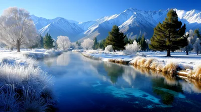 Winter Landscape With Frozen River And Snow Covered Mountains