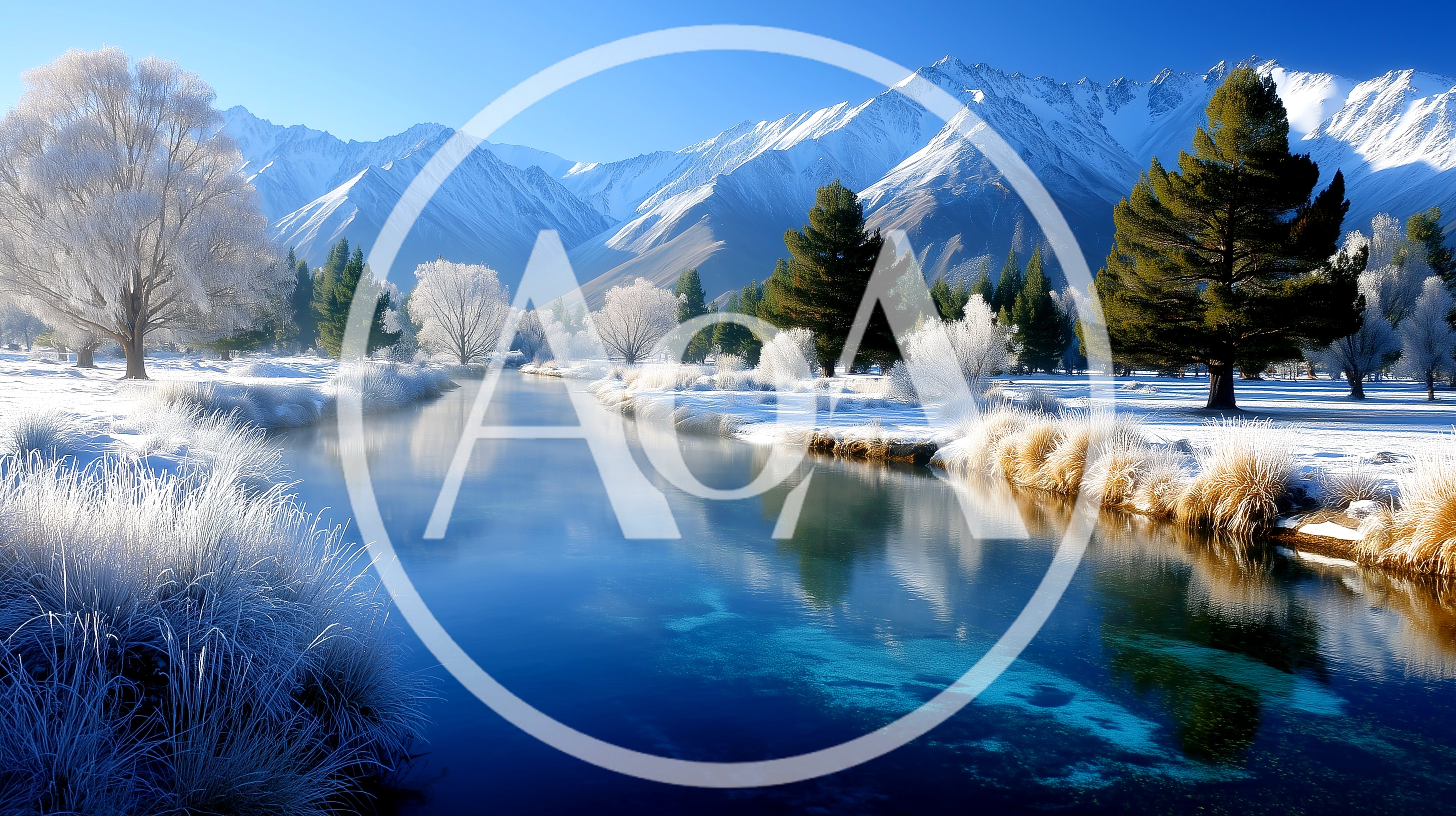 Winter Landscape With Frozen River And Snow Covered Mountains