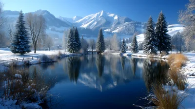 Winter Landscape With Snowy Mountains And Reflective Lake