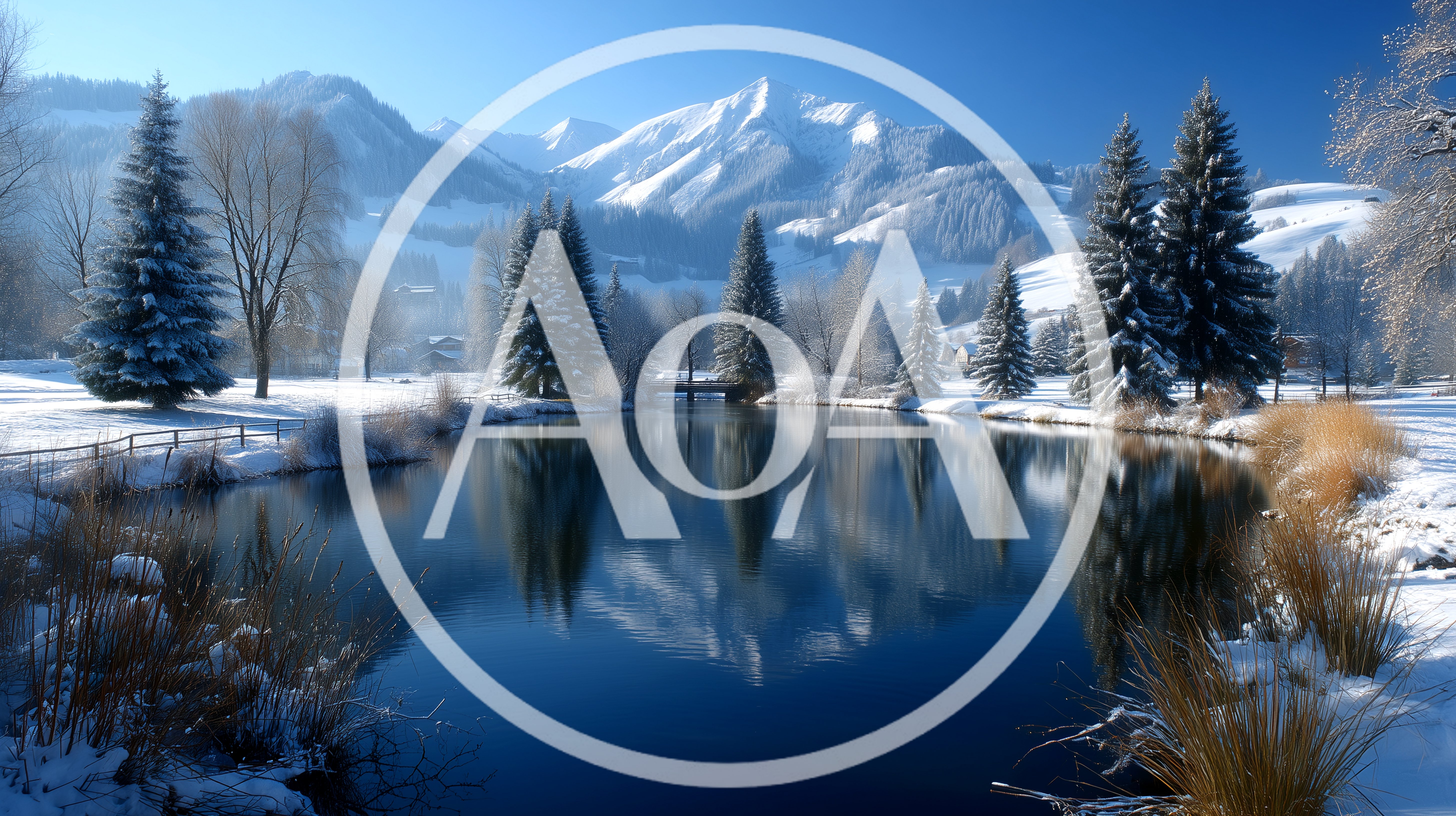 Winter Landscape With Snowy Mountains And Reflective Lake