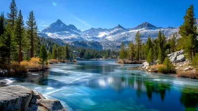 Scenic Alpine Lake With Frozen Surface And Snowy Mountains