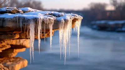 Icicles Hanging From A Frozen Rocky Riverbank