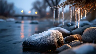 Icicles Hanging Over A Frozen Riverbank At Twilight