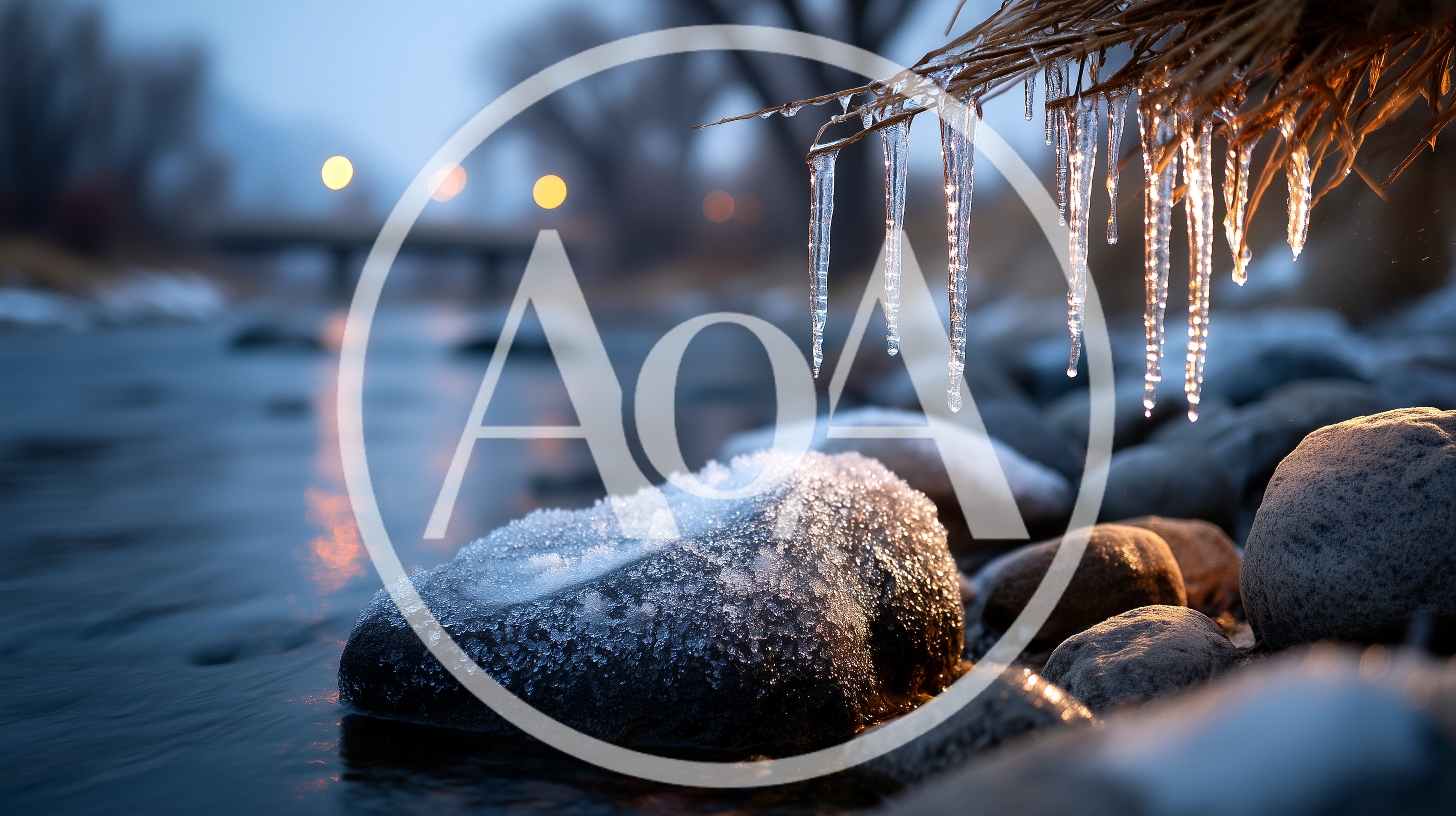 Icicles Hanging Over A Frozen Riverbank At Twilight