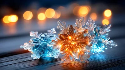 Glowing Crystal Snowflake Ornaments On Dark Wooden Surface