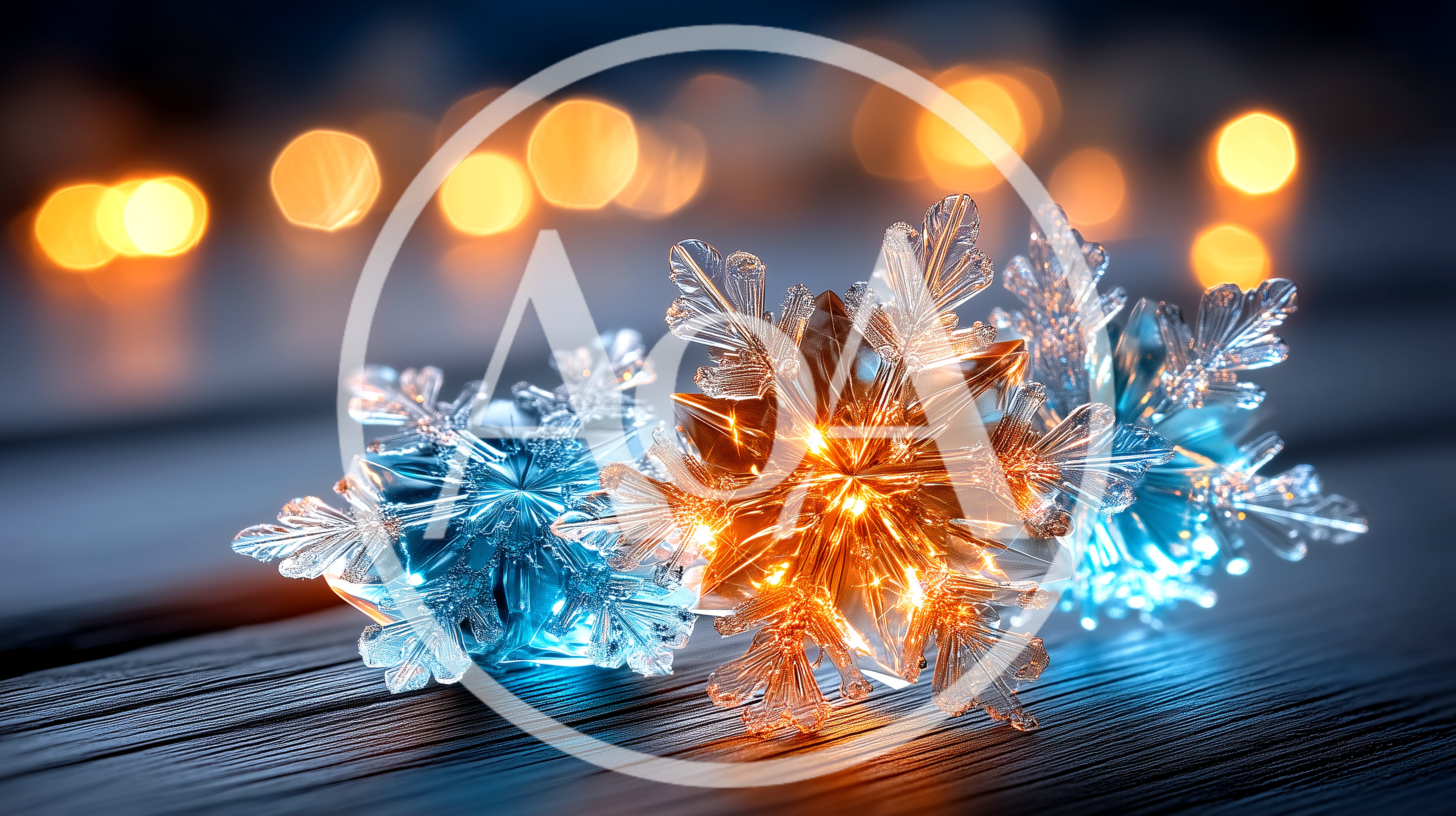 Glowing Crystal Snowflake Ornaments On Dark Wooden Surface