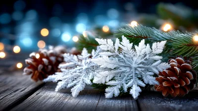 Frosty Snowflake Ornaments With Pinecones On Wooden Surface