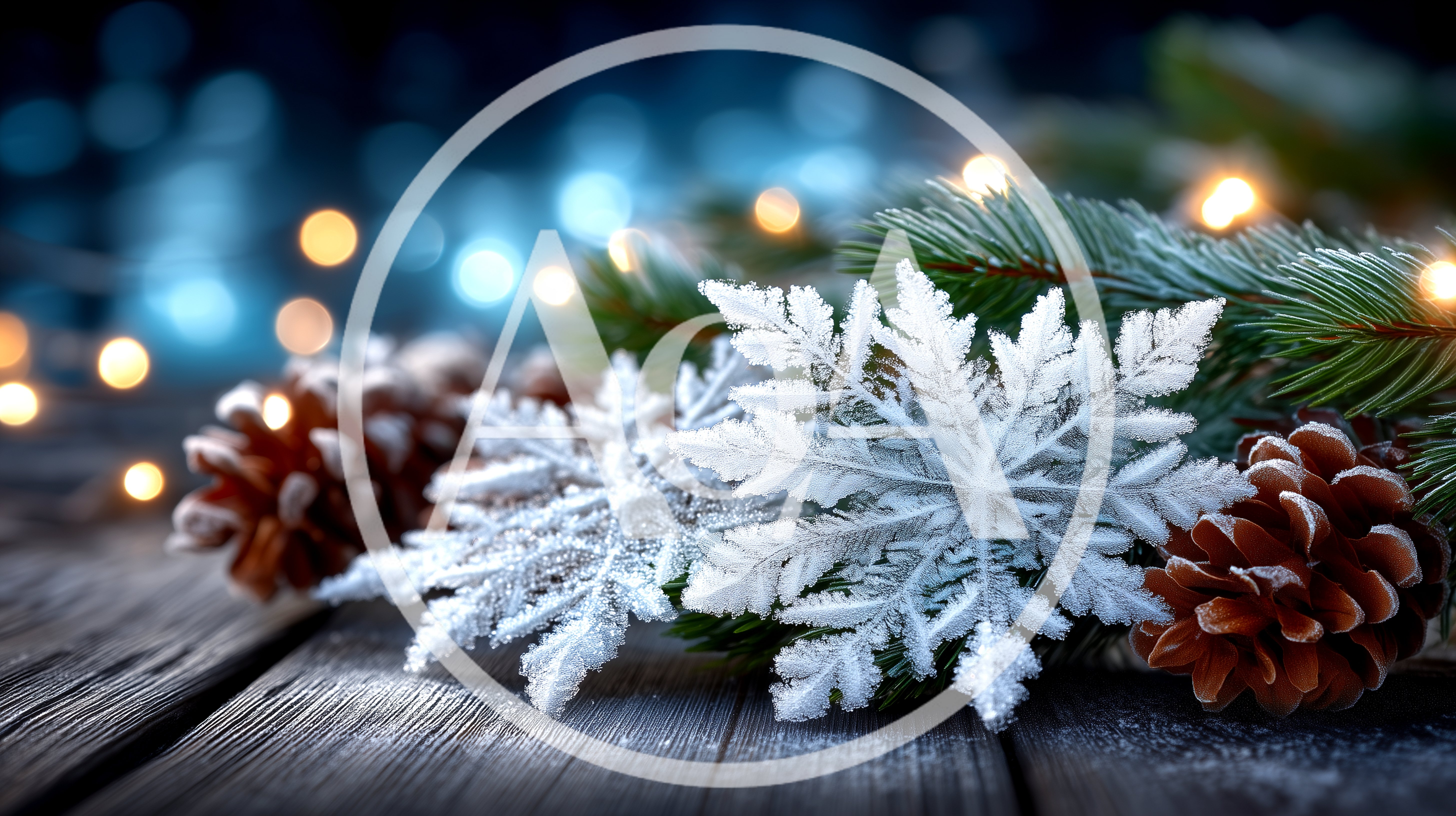 Frosty Snowflake Ornaments With Pinecones On Wooden Surface